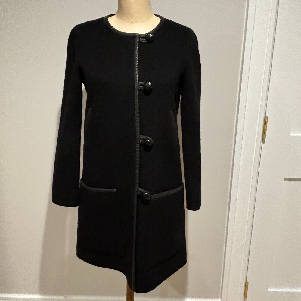 DKNY Black Button Font Leather Trim Coat